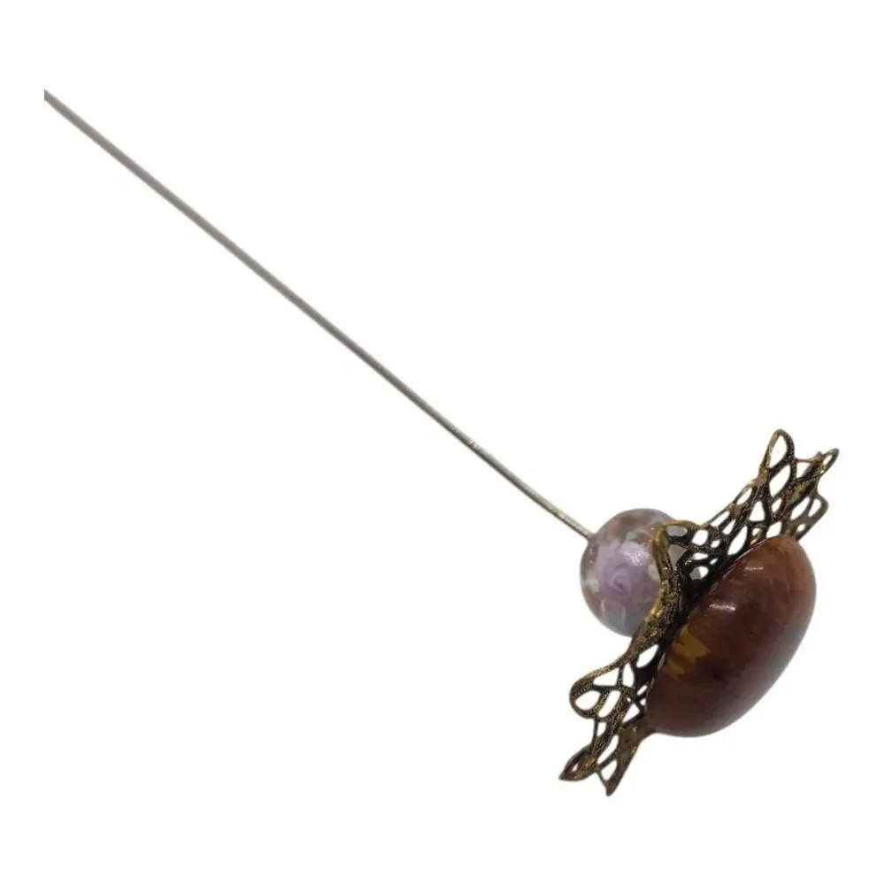 Vintage Lucite Hat Pin Brown Cabochon Filigree Art Glass Bead Long Estate Ornate